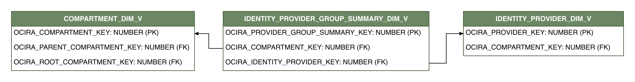 Relationship diagram showing the dimension table, IDENTITY_PROVIDER_GROUP_SUMMARY_DIM_V.