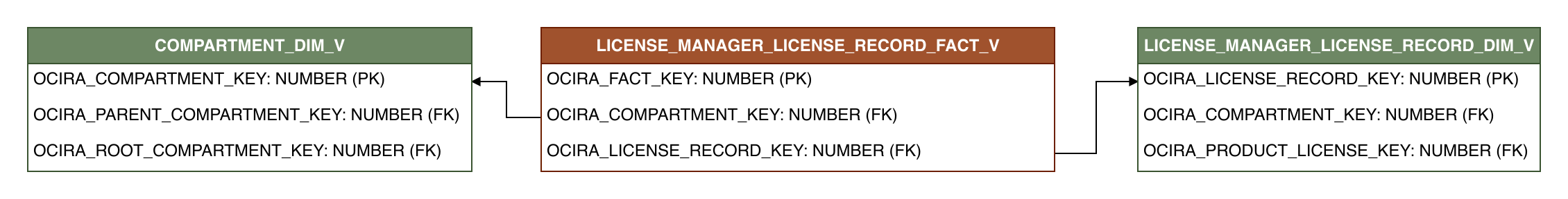 Relationship diagram showing the fact table, LICENSE_MANAGER_LICENSE_RECORD_FACT_V.