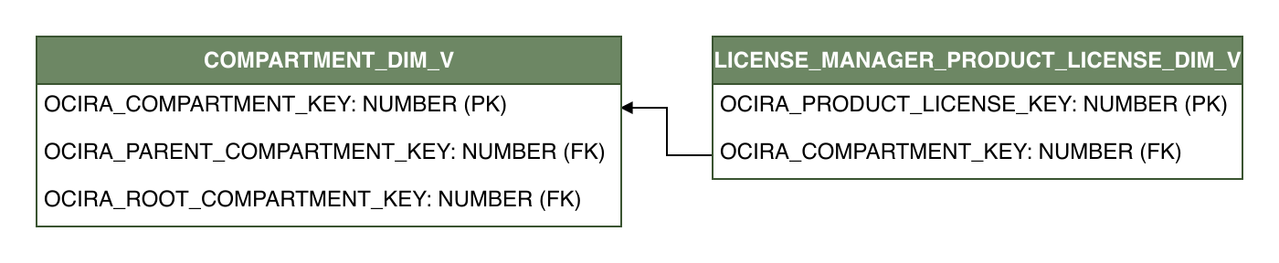 Relationship diagram showing the dimension table, LICENSE_MANAGER_PRODUCT_LICENSE_DIM_V.