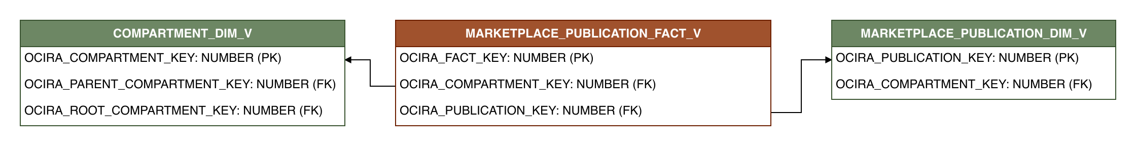 Relationship diagram showing the fact table, MARKETPLACE_PUBLICATION_FACT_V.