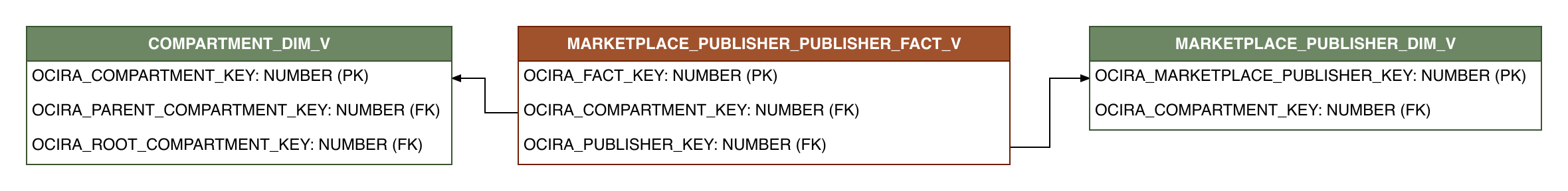 Relationship diagram showing the fact table, MARKETPLACE_PUBLISHER_PUBLISHER_FACT_V.