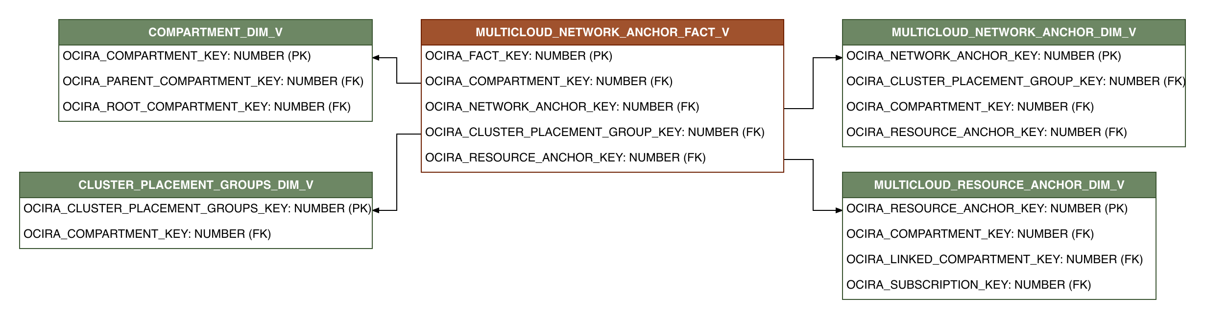 Relationship diagram showing the fact table, MULTICLOUD_NETWORK_ANCHOR_FACT_V.