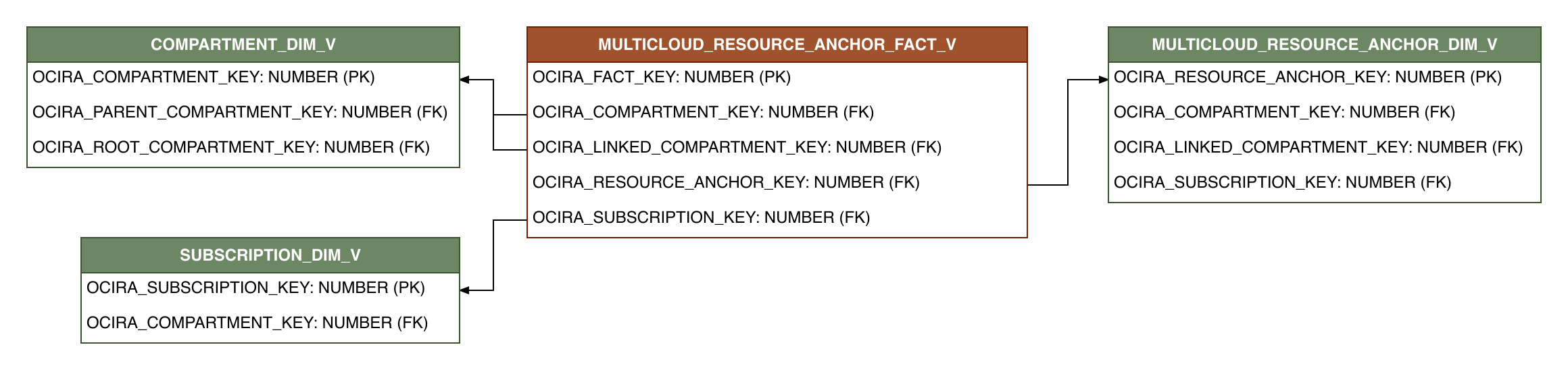 Relationship diagram showing the fact table, MULTICLOUD_RESOURCE_ANCHOR_FACT_V.