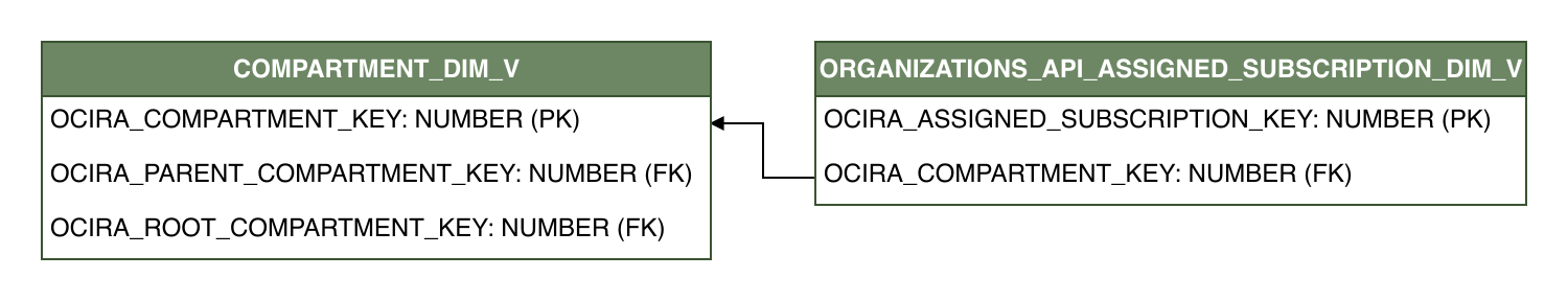 Relationship diagram showing the dimension table, ORGANIZATIONS_API_ASSIGNED_SUBSCRIPTION_DIM_V.