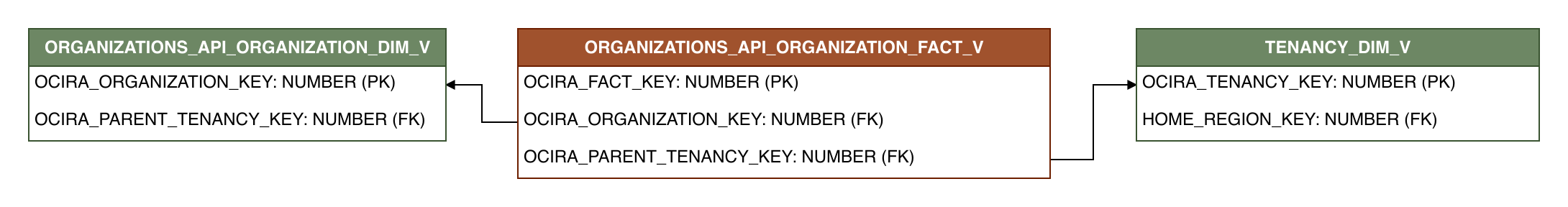 Relationship diagram showing the fact table, ORGANIZATIONS_API_ORGANIZATION_FACT_V.