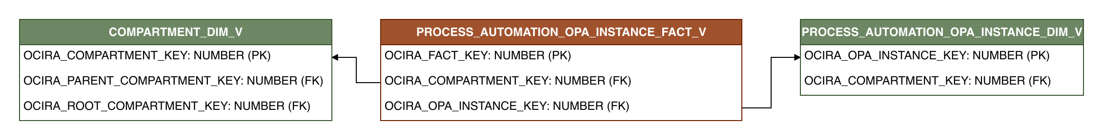 Relationship diagram showing the fact table, PROCESS_AUTOMATION_OPA_INSTANCE_FACT_V.