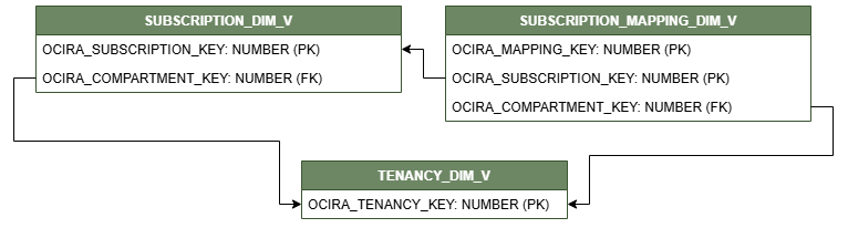 Relationship diagram with SUBSCRIPTION_MAPPING_DIM_V connected to two other dimension views, SUBSCRIPTION_DIM_V and TENANCY_DIM_V