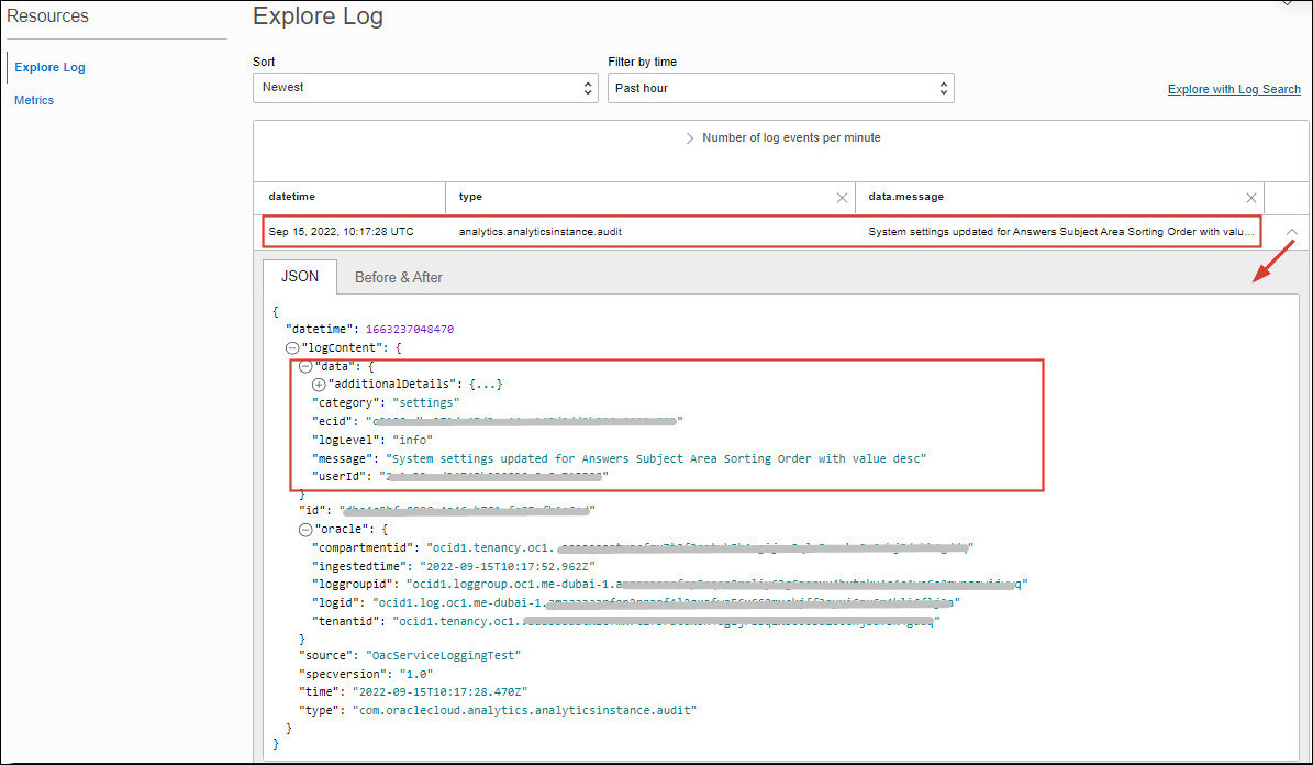 Log detail in the data section Log detail in the data section