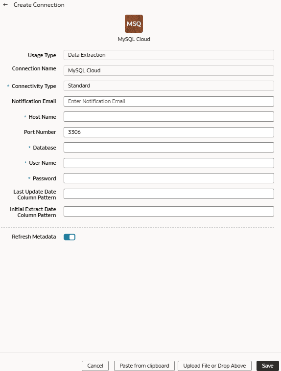Create Connection for MySQL Cloud database dialog