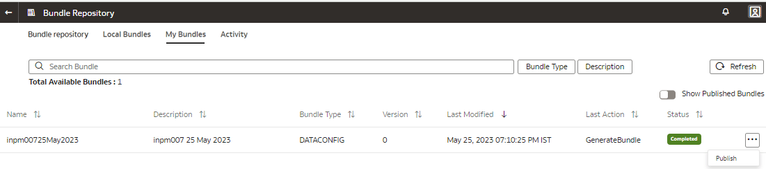 Publish option on the Bundle Repository page