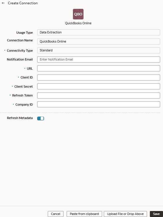 Create Connection for QuickBooks Online dialog
