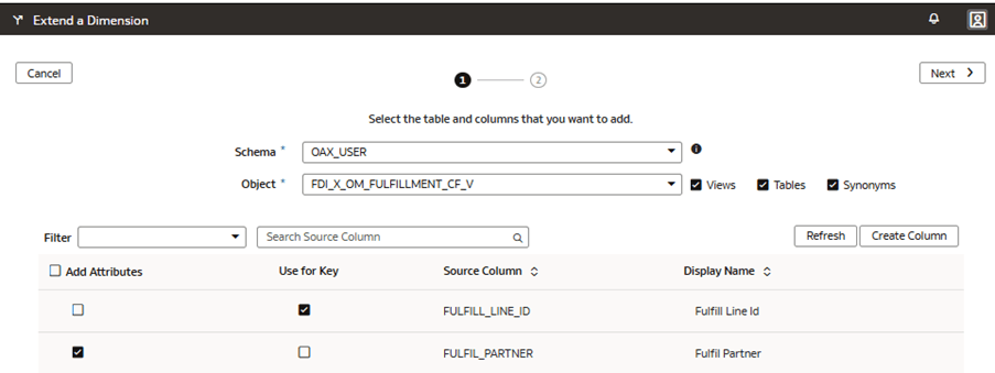 The Extend a Dimension page