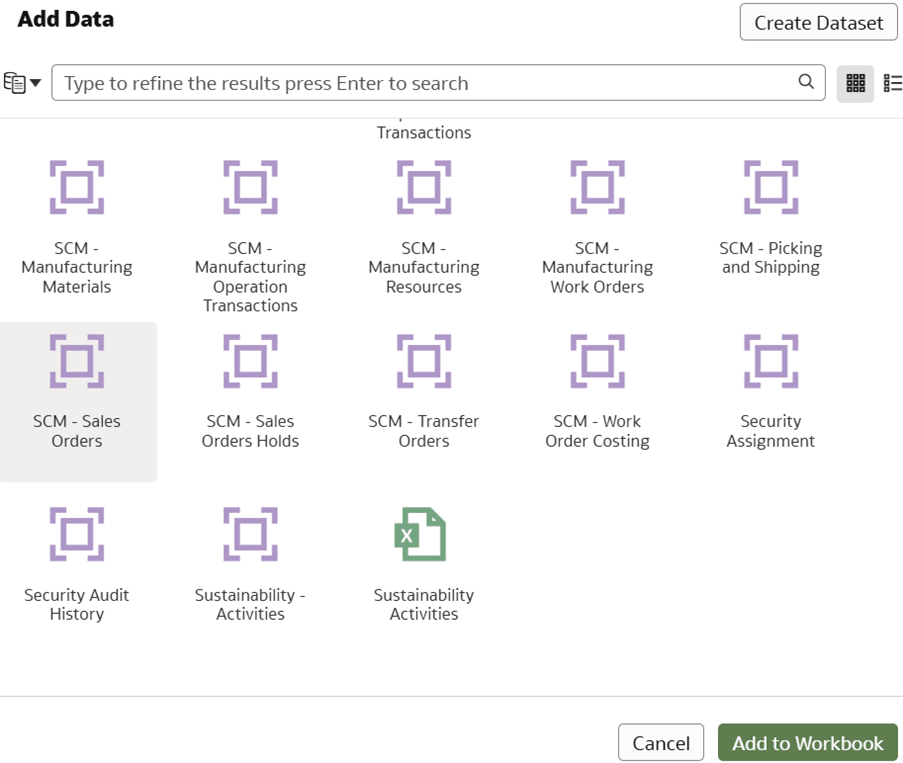 The Add Data displaying the selected SCM – Sales Orders subject area