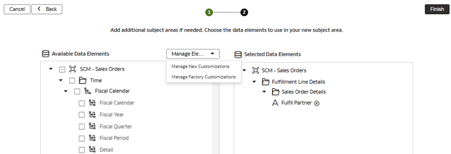 The step 2 of the wizard on the Modify a Subject Area - SCM - Sales Orders page displaying the Manage Elements list of values