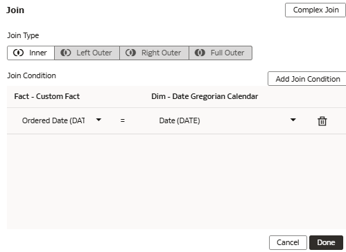 The Join dialog displaying the Ordered Date (DATE) fact joined with the Date (DATE) dimension