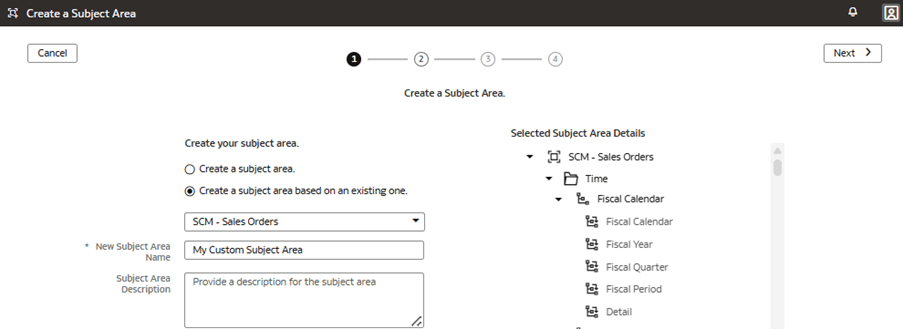 Step 1 of the wizard on the Create a Subject Area page