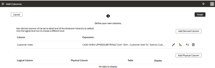 The Add Columns page displaying the Finish button