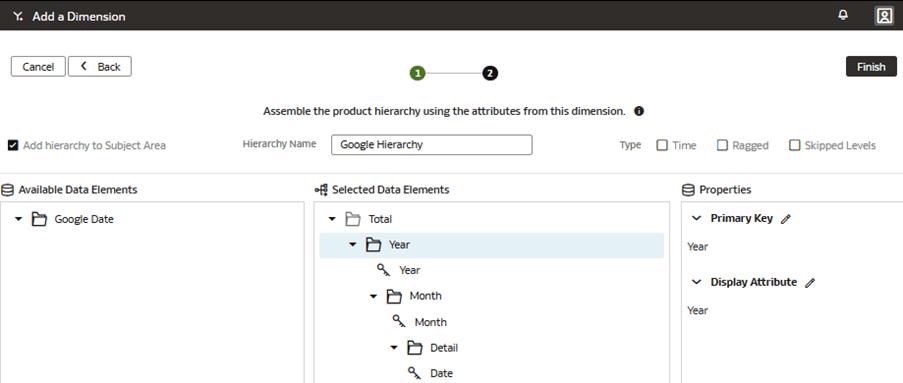 Step 2 of the wizard on the Add a Dimension page displaying how to set the primary key and display attribute at the Year level