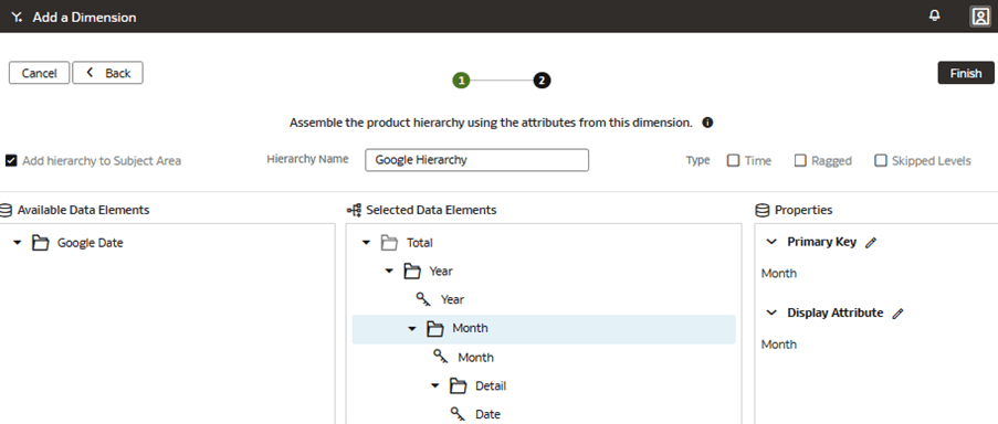 Step 2 of the wizard on the Add a Dimension page displaying how to set the primary key and display attribute at the Month level
