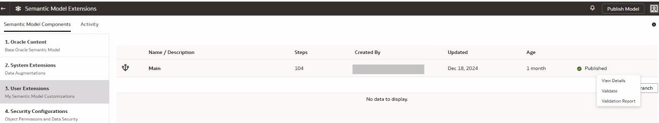 Validate option in the Action menu for the Main branch