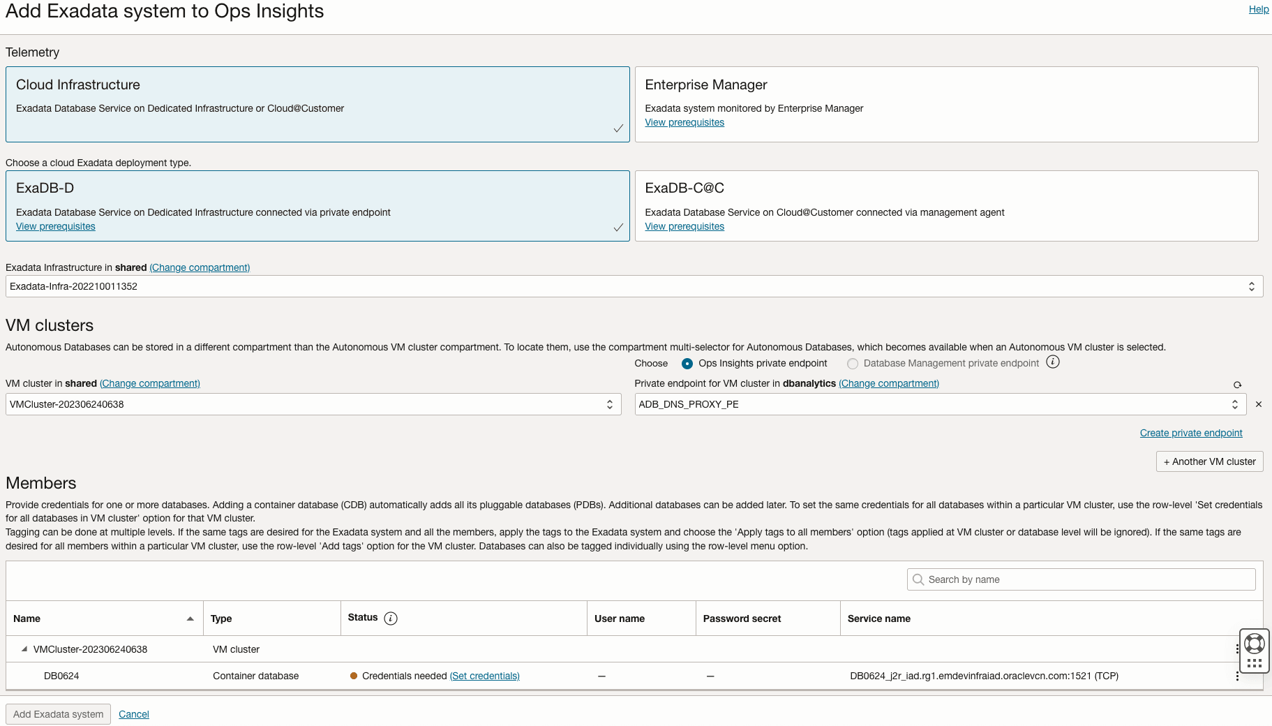 Image shows the Add Exadata System to Ops Insights dialog.