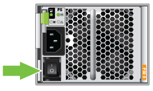 Figure showing the power switch on the left-side power supply of the ZFS Storage Appliance disk shelf