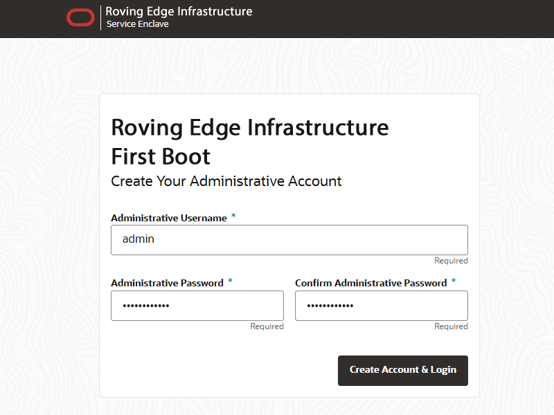 Figure showing the First Boot page, from where the primary administrative account is created.