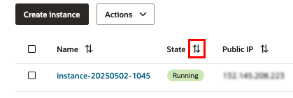 Screenshot showing a list page with the sort feature on the State column highlighted