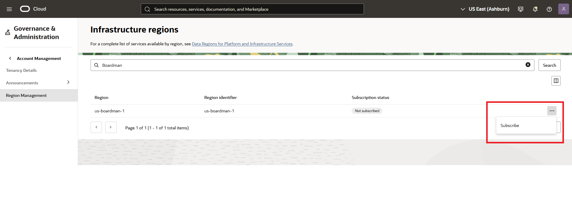 Click to expand An image of a region name search in the OCI console's Governance and Administration section.