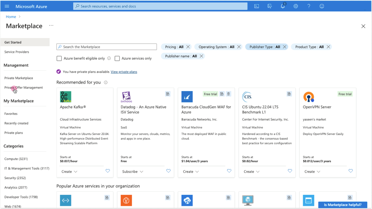 Click to expand An image of the Azure portal showing a user navigating to the Private Offer Management page in Azure Marketplace.