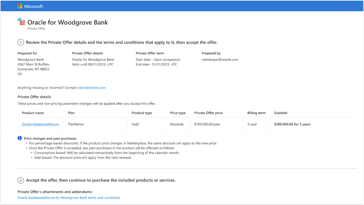 Click to expand An image of the Azure portal showing the details page of an Azure Marketplace private offer.