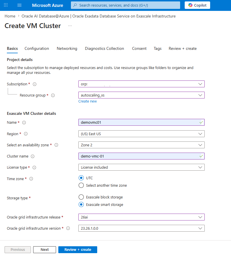 This screenshot shows the first part of creating an Exascale VM Cluster. This screenshot shows the first part of creating an Exascale VM Cluster.