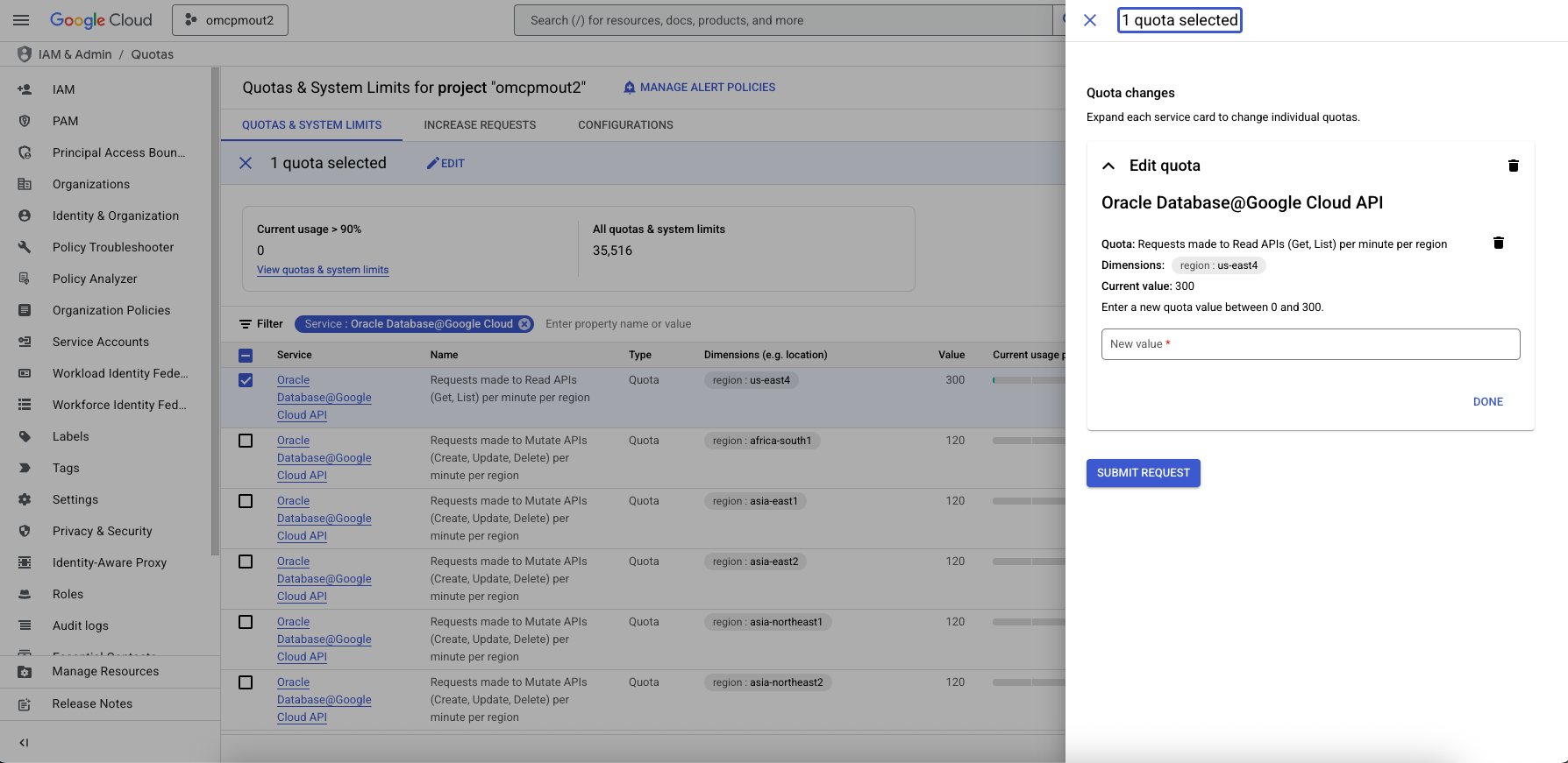Click to expand Image showing Quota changes panel in Google Cloud Portal.
