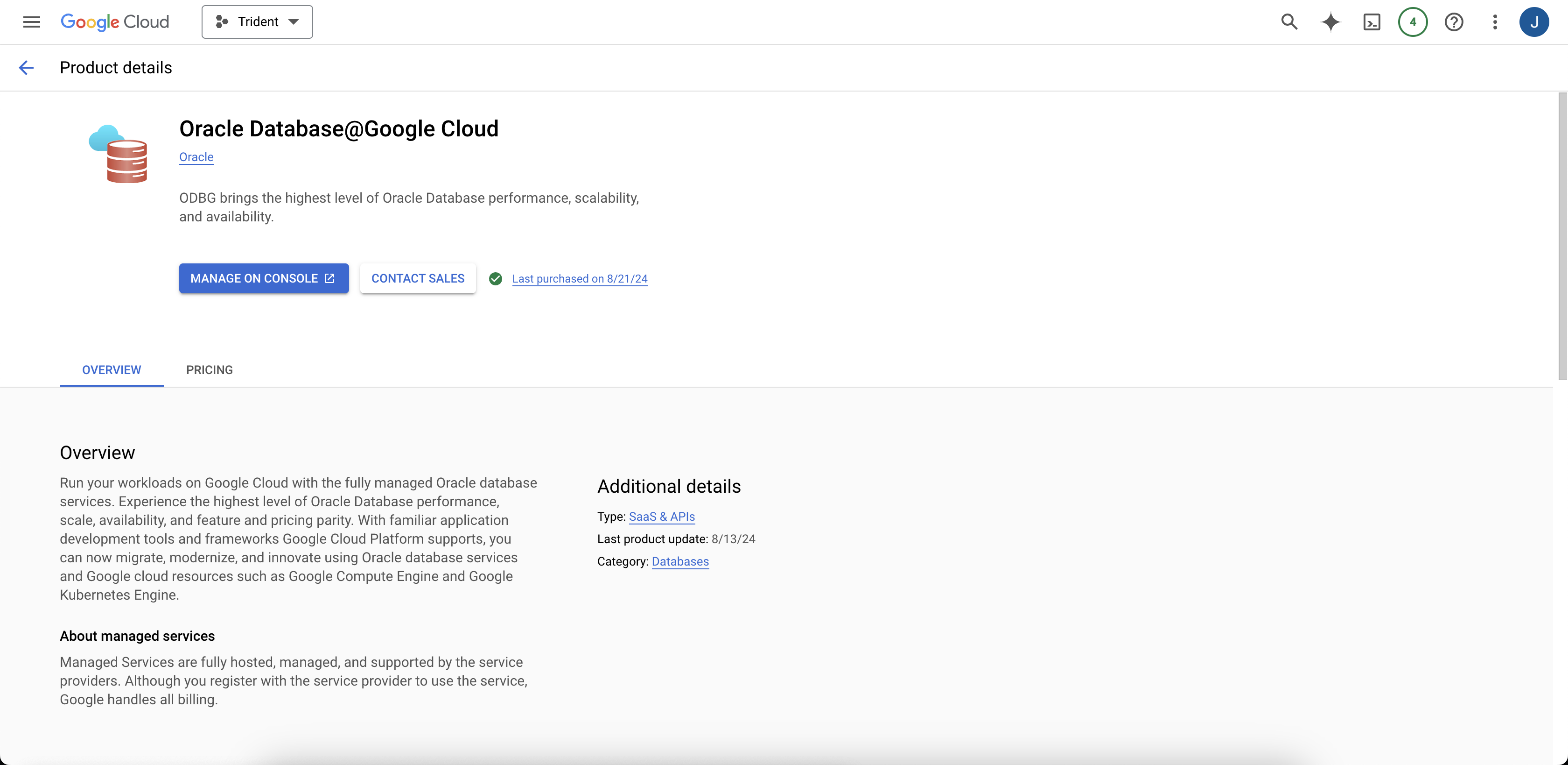 Click to expand An image of the Oracle AI Database@Google Cloud product details page in the Google Cloud Marketplace.