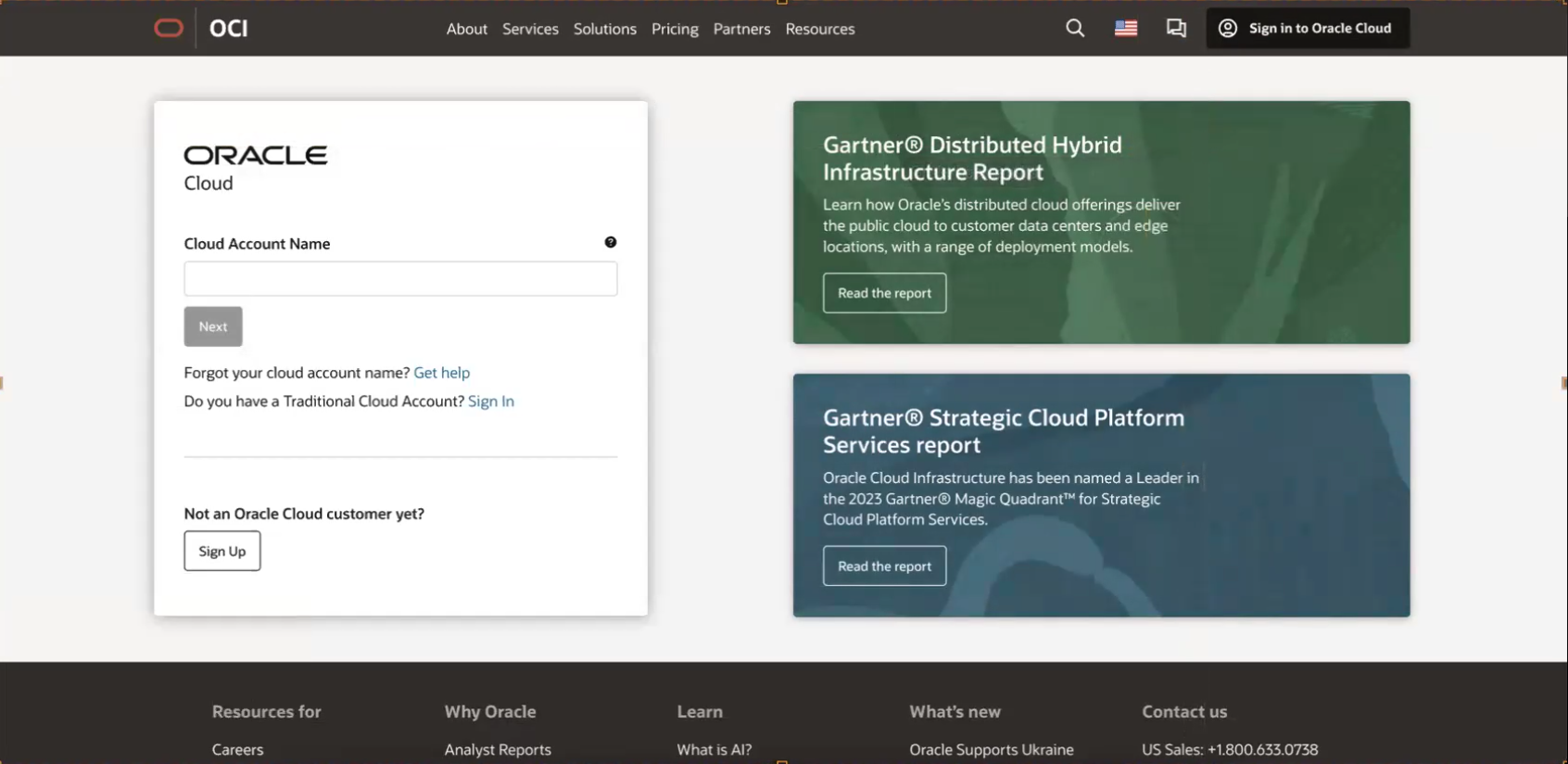 Click to expand An image of the OCI cloud account sign in screen.