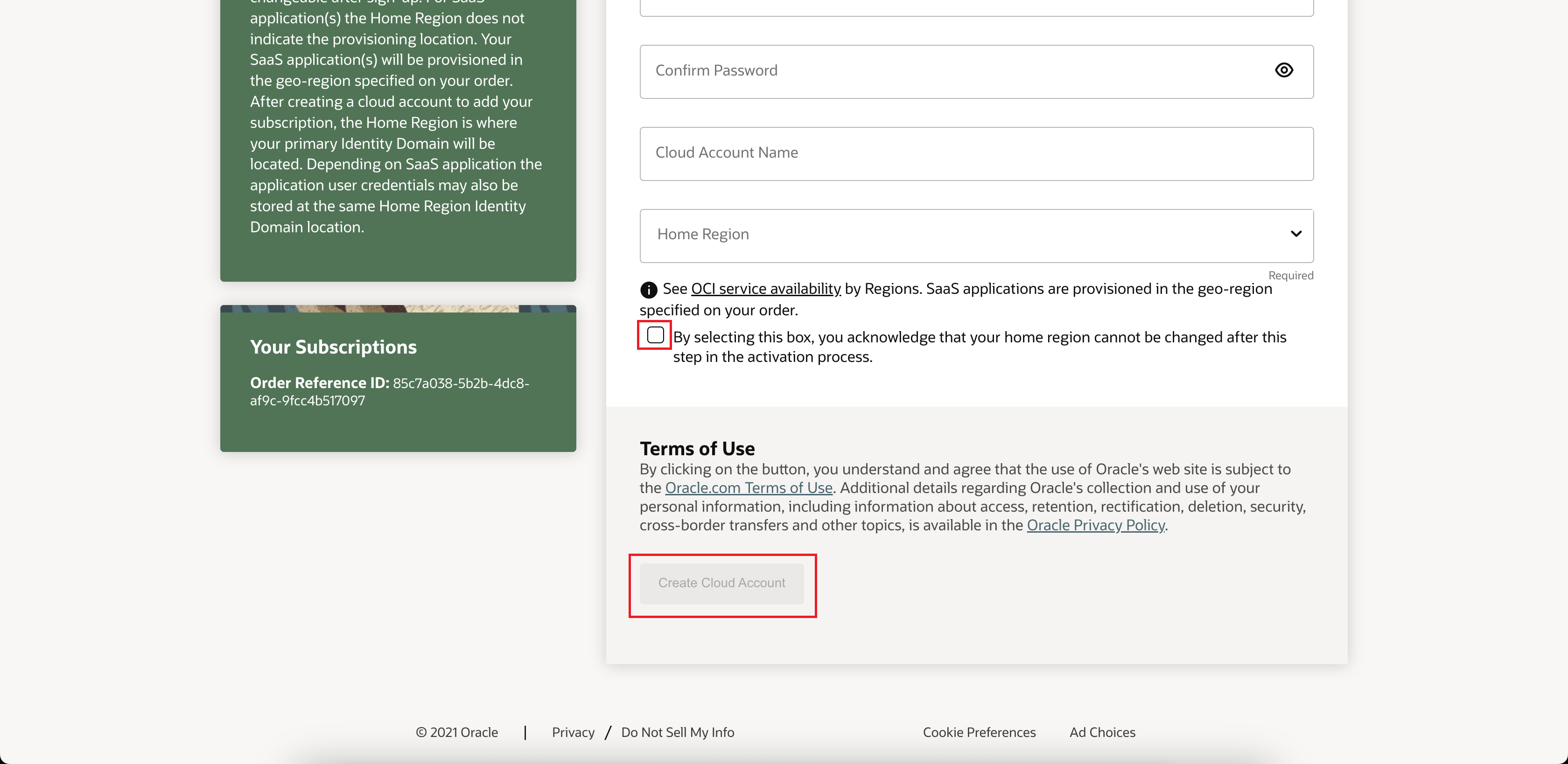 Click to expand An image of the OCI New Cloud Account sign up form.
