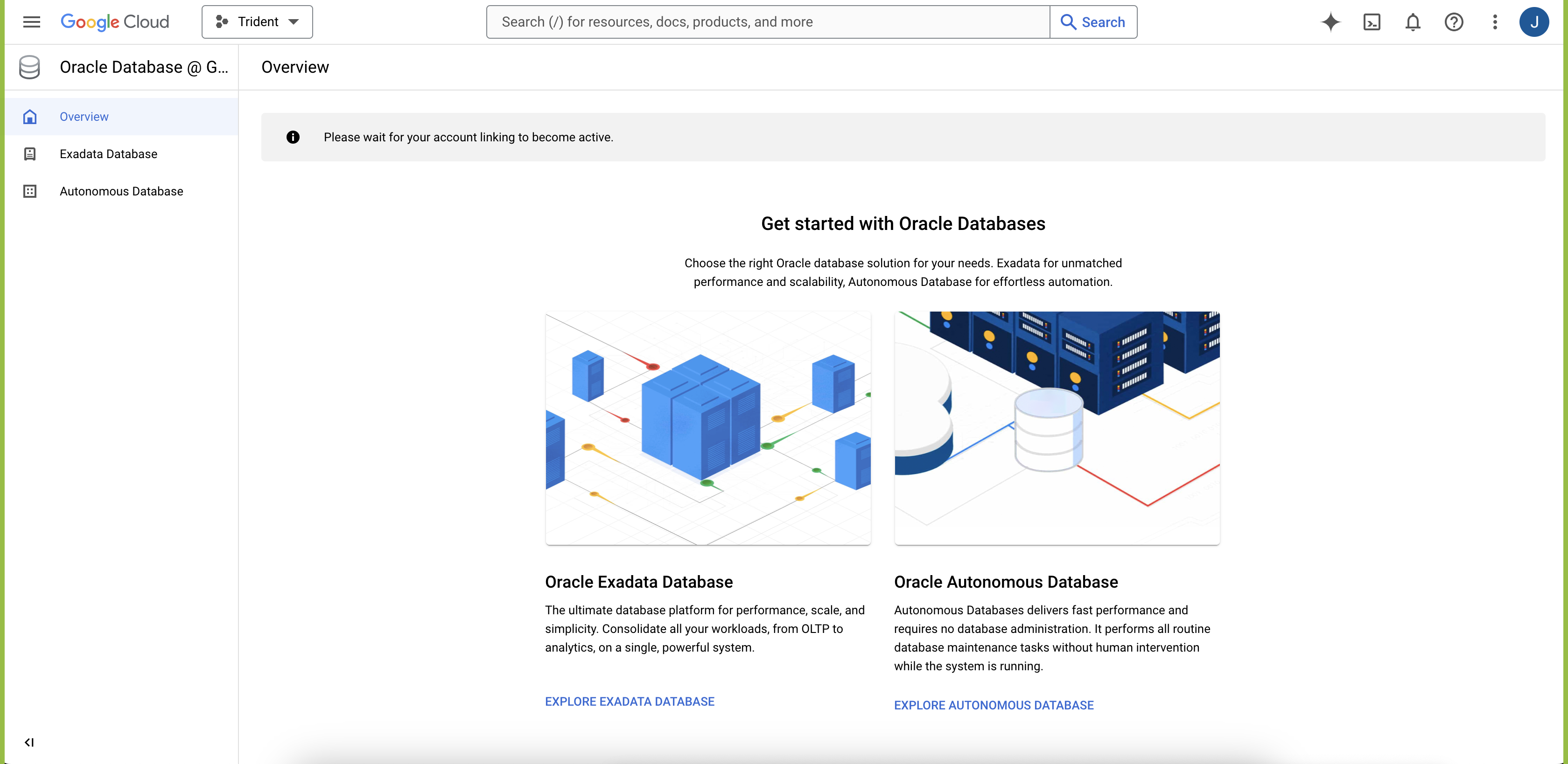 Click to expand An image of the Google Cloud console displaying the Oracle AI Database@Google Cloud Overview page.