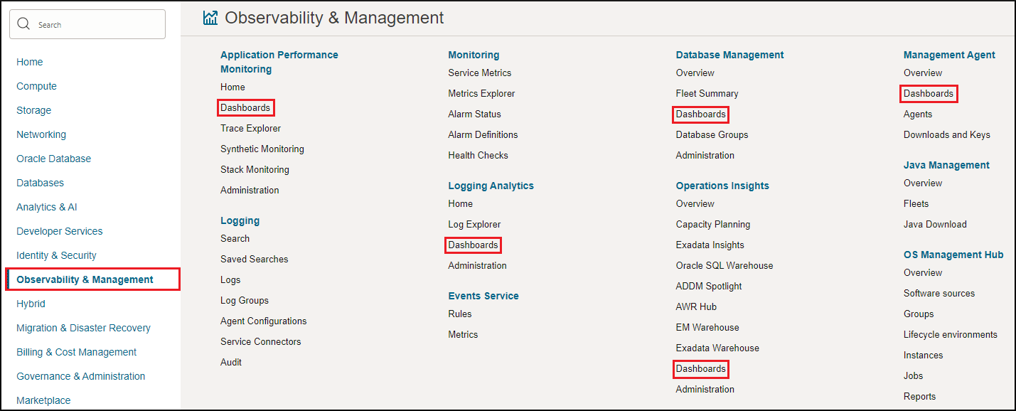 Management Dashboard in the Oracle Cloud Infrastructure console menu Management Dashboard in the Oracle Cloud Infrastructure console menu