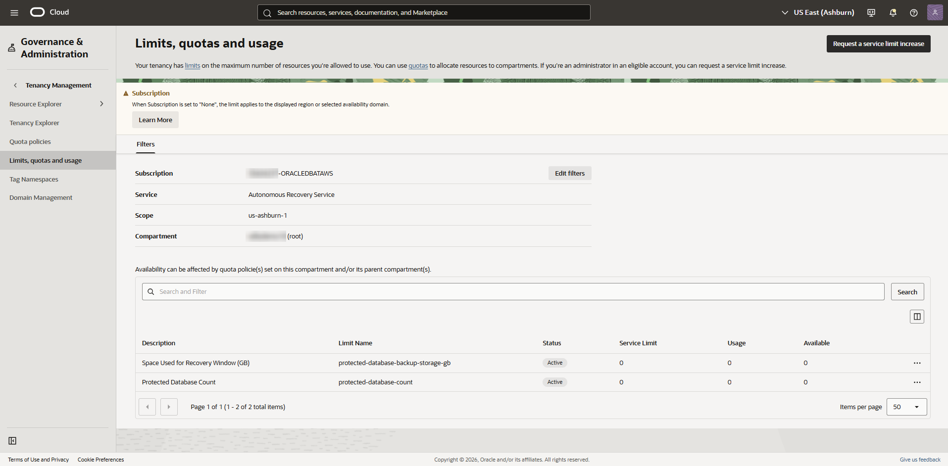 Click to expand Example of Limits, quotas and usage page for Autonomous Recovery Service (Oracle AI Database@AWS)