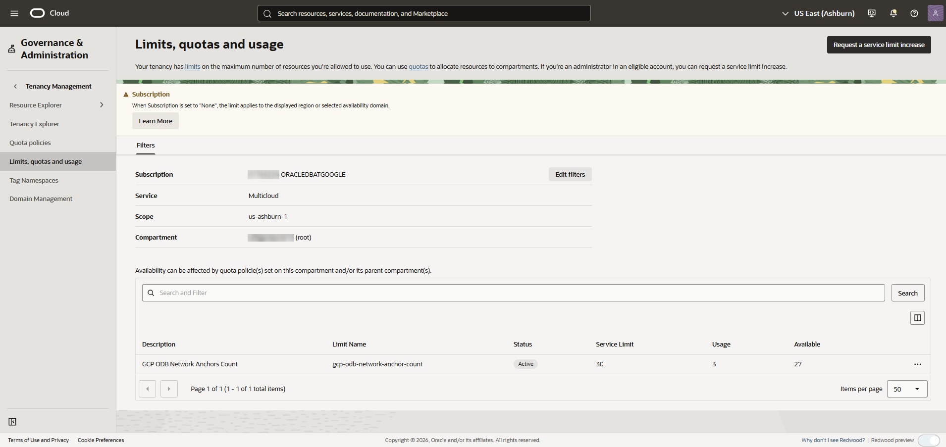 Click to expand Example of Limits, quotas and usage page for Multicloud (Oracle AI Database@Google Cloud)