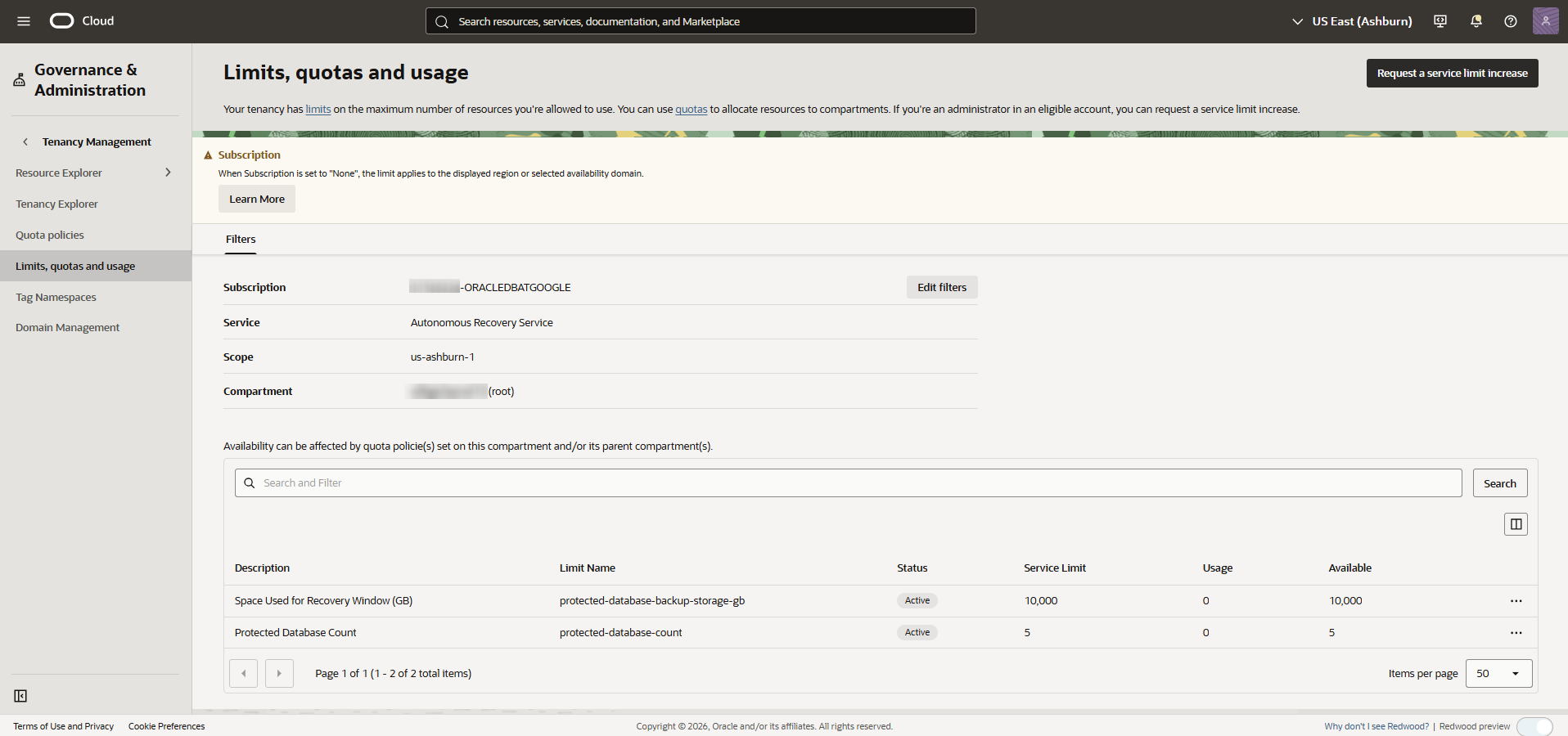 Click to expand Example of Limits, quotas and usage page for Autonomous Recovery Service (Oracle AI Database@Google Cloud)