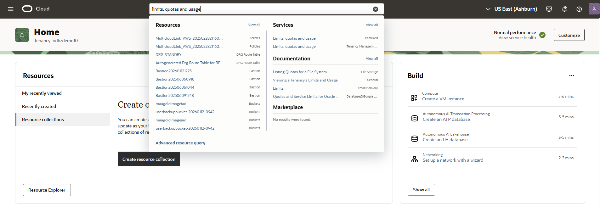 Click to expand Searching for Limits, quotas and usage in the Oracle Cloud Console