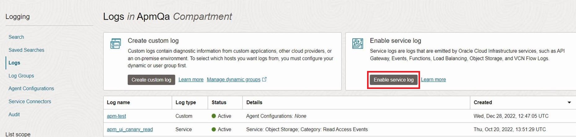 OCI Logging console screenshot that shows Enable service log under Logs. OCI Logging console screenshot that shows Enable service log under Logs.